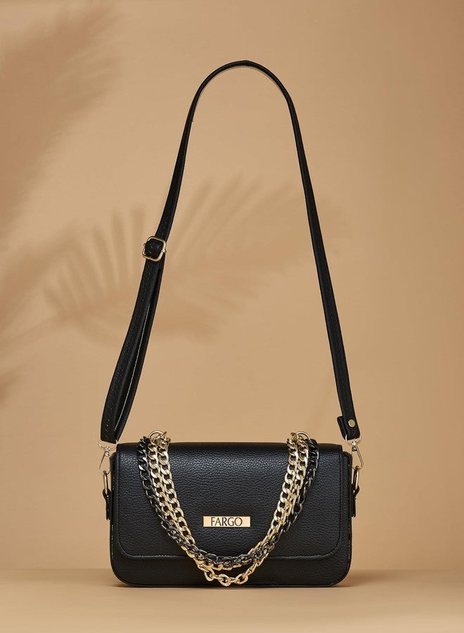 Fargo Women Leather Crossbody Sling Bag with Chain Strap (Black) - Image 3